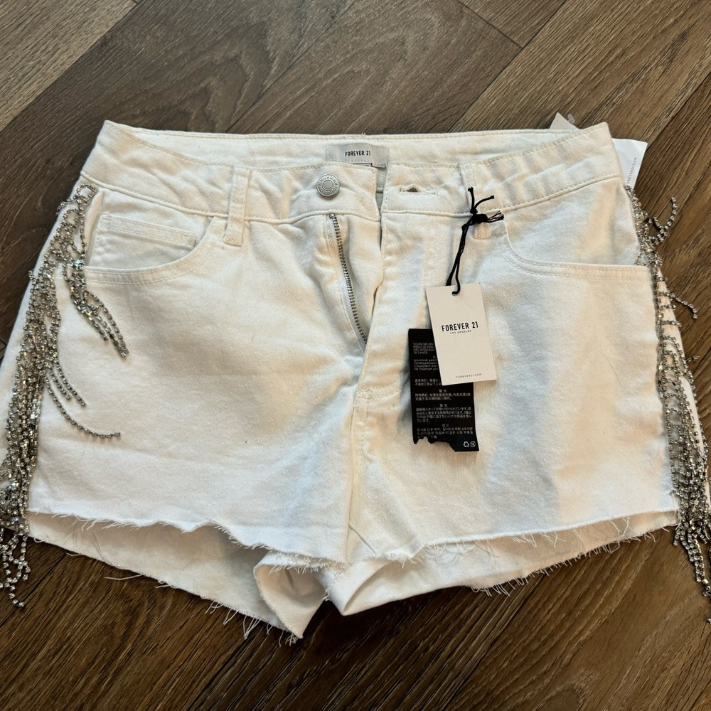 White Forever 21 Diamond Fringe Denim Shorts